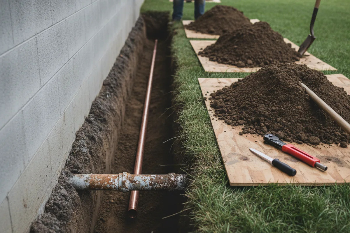 Excavated water line trench during Water Heater Repair in Oak City